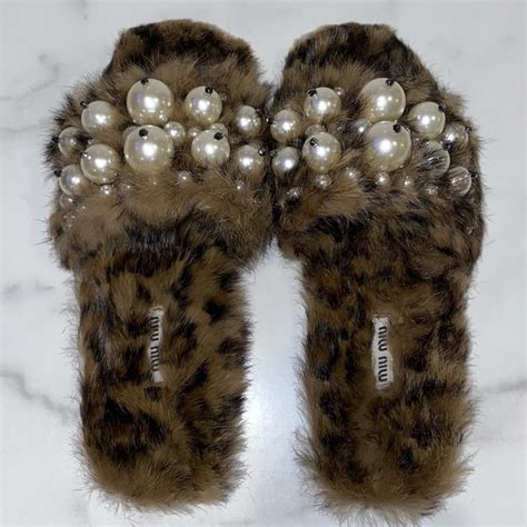 Authentic Miu Miu Leopard Print Fur Embellished Pearl Slide Flat 